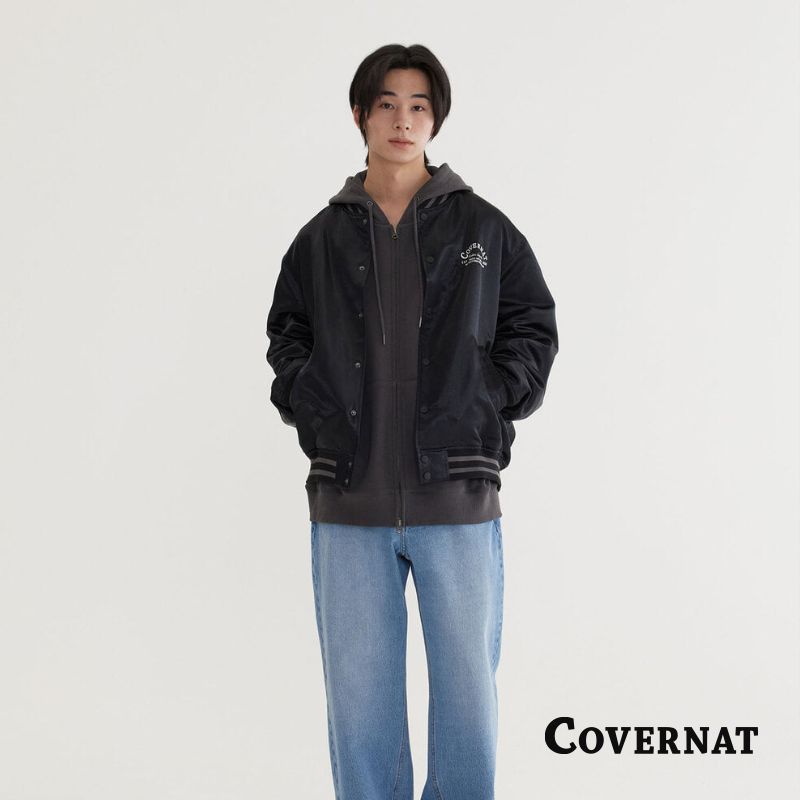 [COVERNAT]25SS 美式外套 棒球外套 春季新品時尚復古長袖寬鬆運動夾克（黑色）