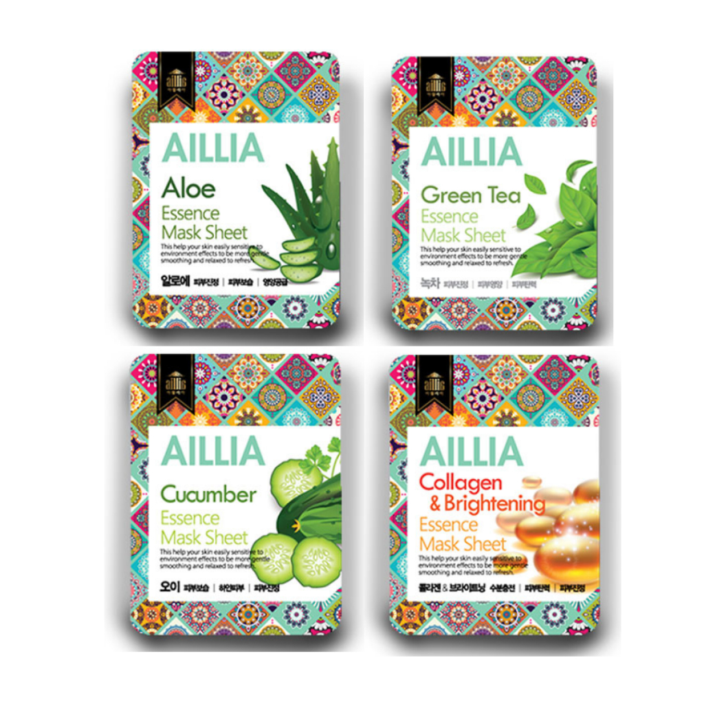 Aillia Skincare face mask Pack 適用於美容和自我護理常規韓國面膜片黃瓜膠原蛋白面膜蘆薈綠茶