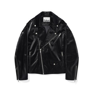 FALLETT Glossy 個性翻領黑色皮革騎士外套