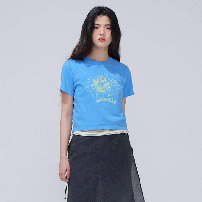 [COVERNAT] 女士夏季舒適純棉時尚印花露臍短袖T恤 （藍色）[H8]