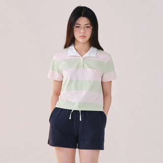 [COVERNAT] 女性純棉設計感寬條紋露臍短袖T恤polo衫 （淺粉色）[H8]