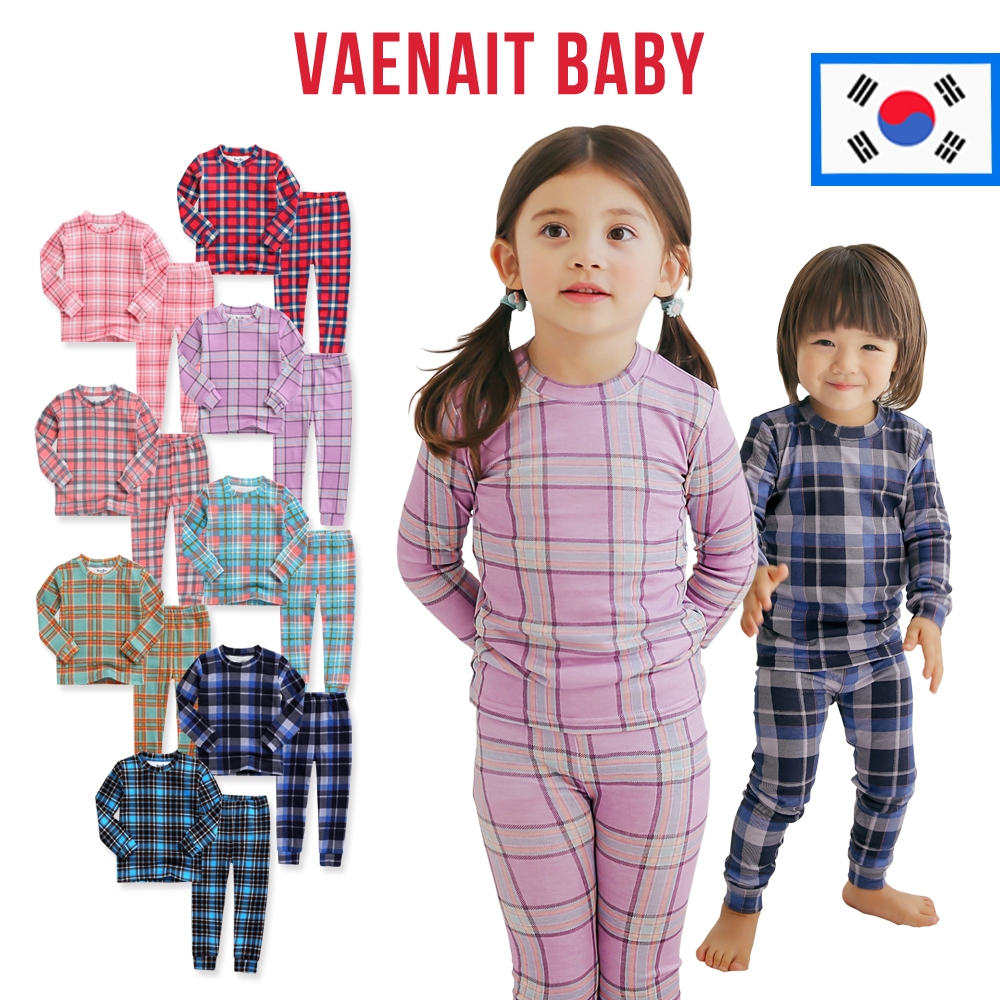 [韓國 Vaenait BABY] 6M-7Y 兒童男女通用女孩男孩柔軟舒適莫代爾睡衣睡衣 2 件 Tatan 格子套裝