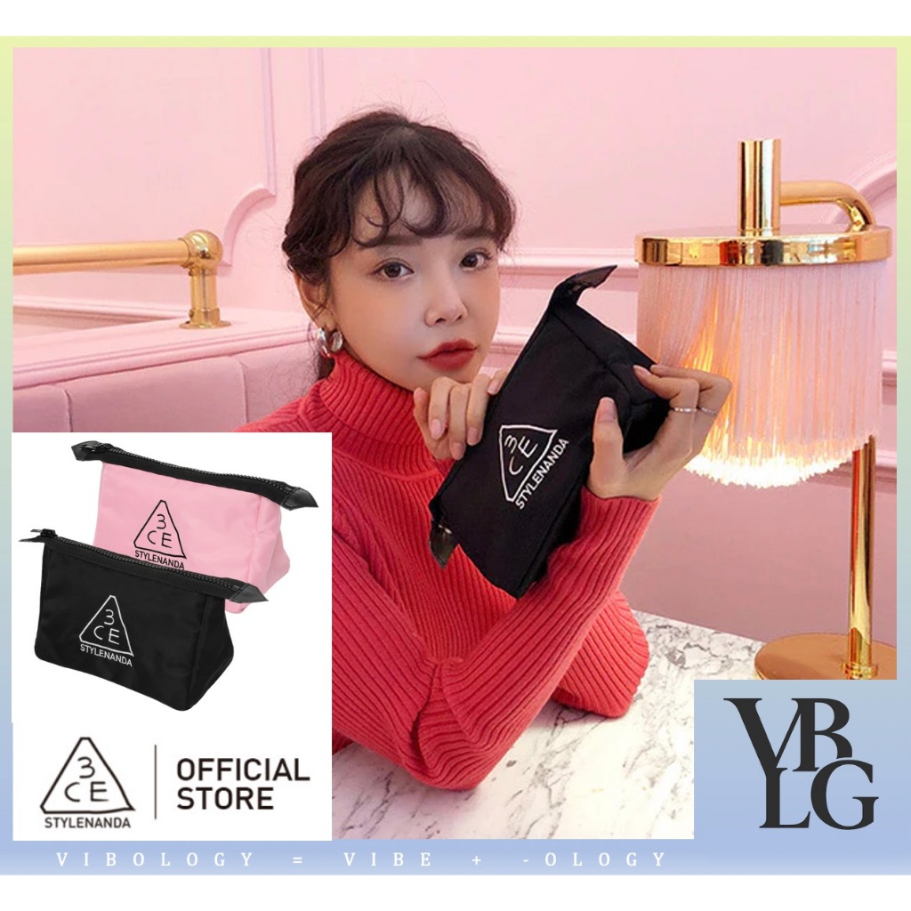 3CE Stylenanda Mini Pouch 化妝包便攜旅行緊湊型尼龍黑色/心情粉色