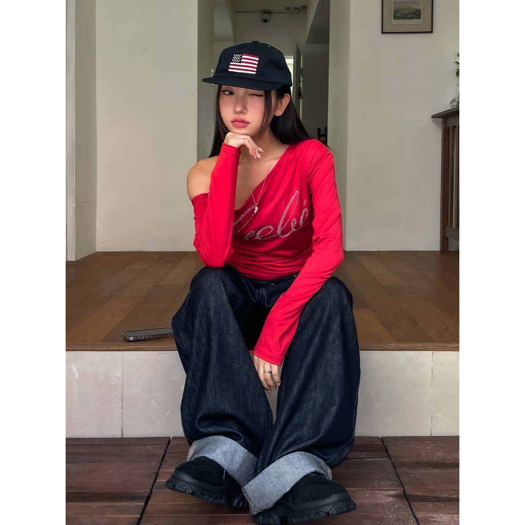 [U LAN] Selly cubic 縐縫不平衡肩長袖韓版時尚