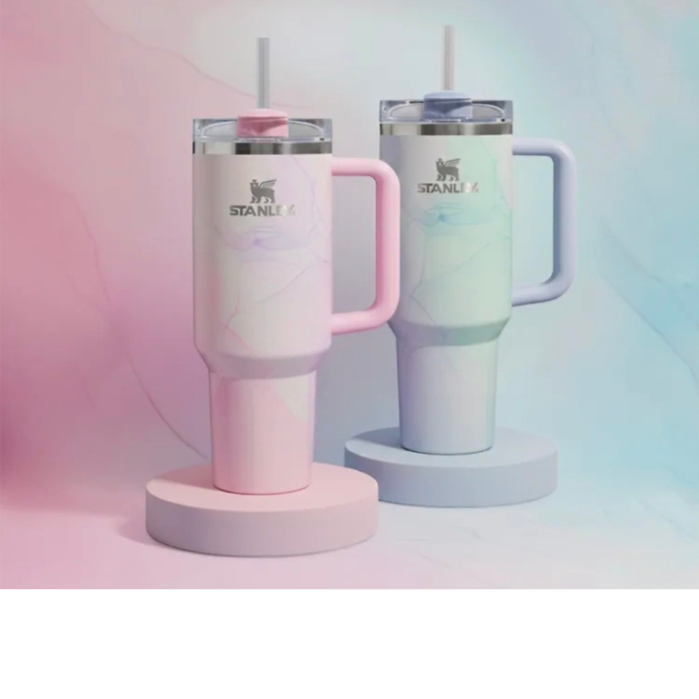 STANLEY Quencher H2.0 Flowstate 不倒翁棉花糖水彩粉紅色檯面日落珍珠閃光白色