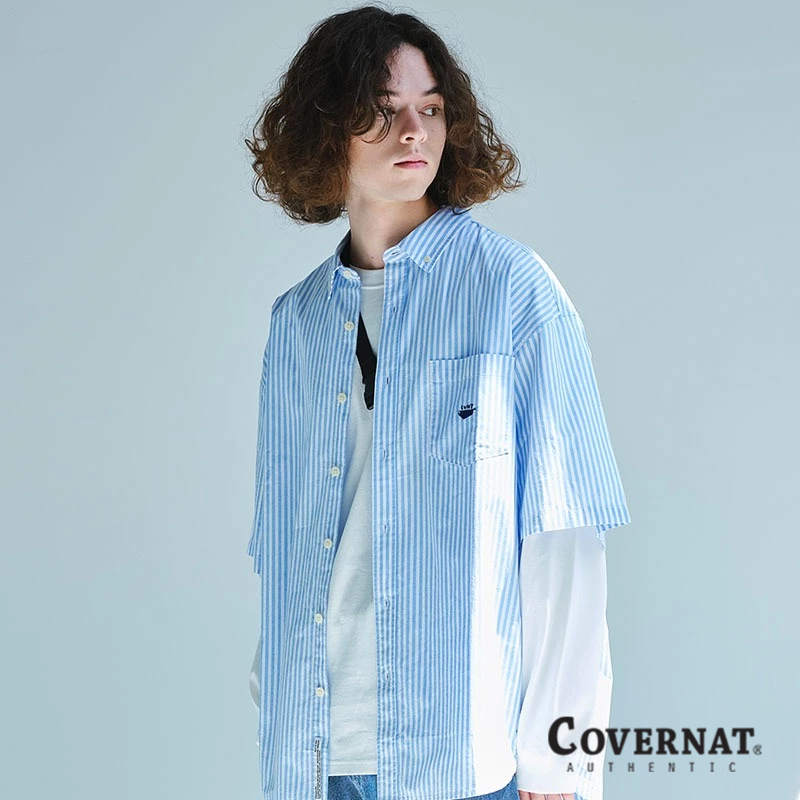 [COVERNAT]  鯨魚LOGO刺繡 條紋 短袖襯衫（淺藍色） [G8]