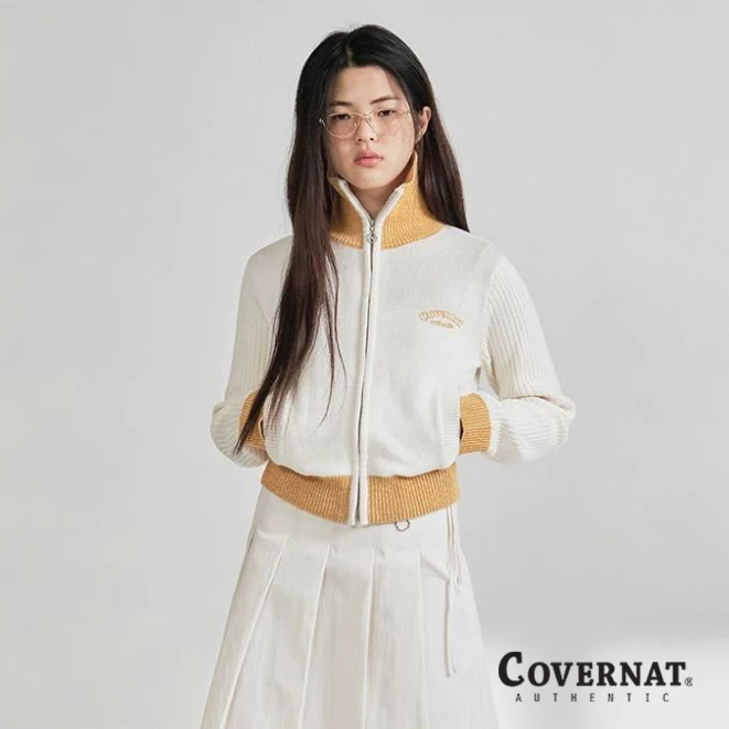 [COVERNAT] 女士拼接色舒適高領針織衫外套（象牙白）[H9]