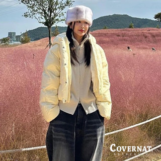 [COVERNAT] 女款時尚百搭保暖加厚簡約淨版光面連帽短款羽絨外套（黃油色） [G6]