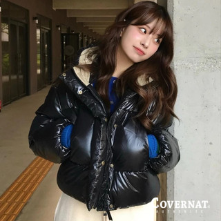 [COVERNAT] 女款時尚百搭保暖加厚簡約淨版光面連帽短款羽絨外套（黑色） [G6]