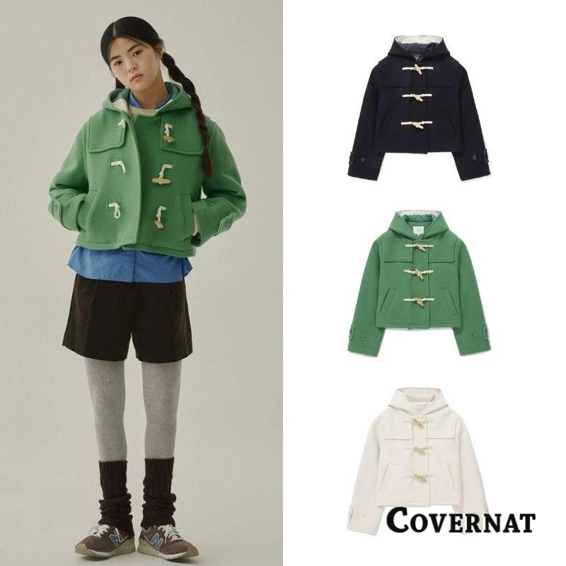 [COVERNAT] 女士舒適羊毛質地設計感百搭連帽鈕釦短款外套（多色任選）