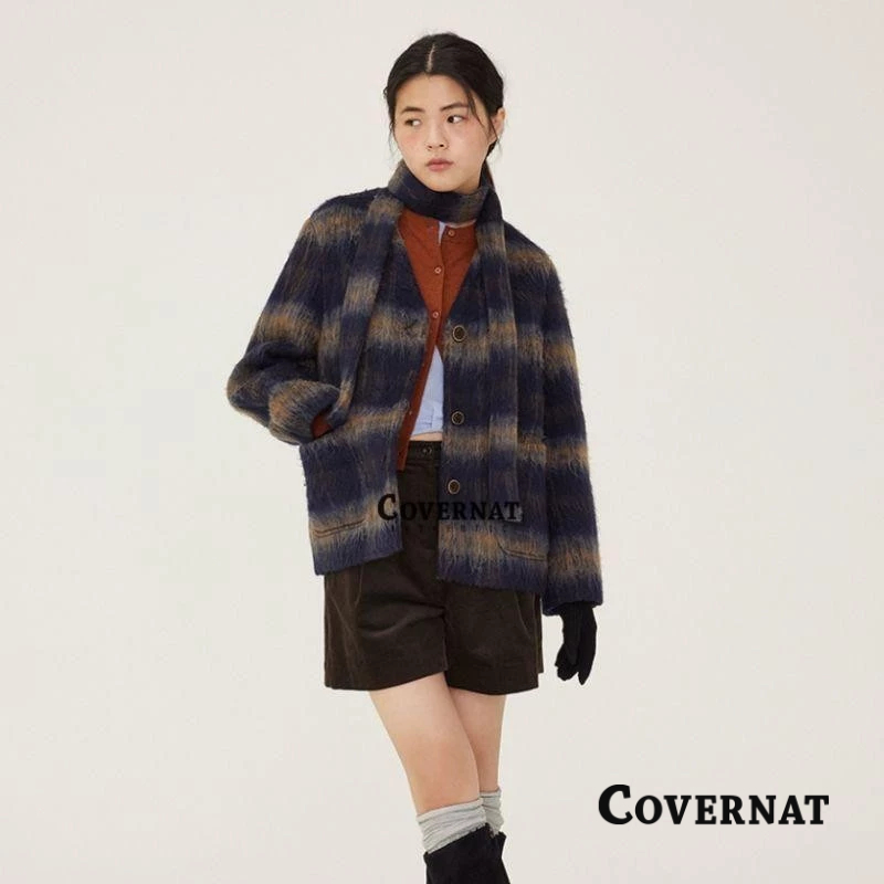 [COVERNAT] 女士毛茸茸格紋半外套