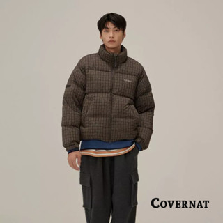 [COVERNAT] 男女同款保暖鴨絨經典LOGO時尚格子圖案立領短款羽絨服（棕色）