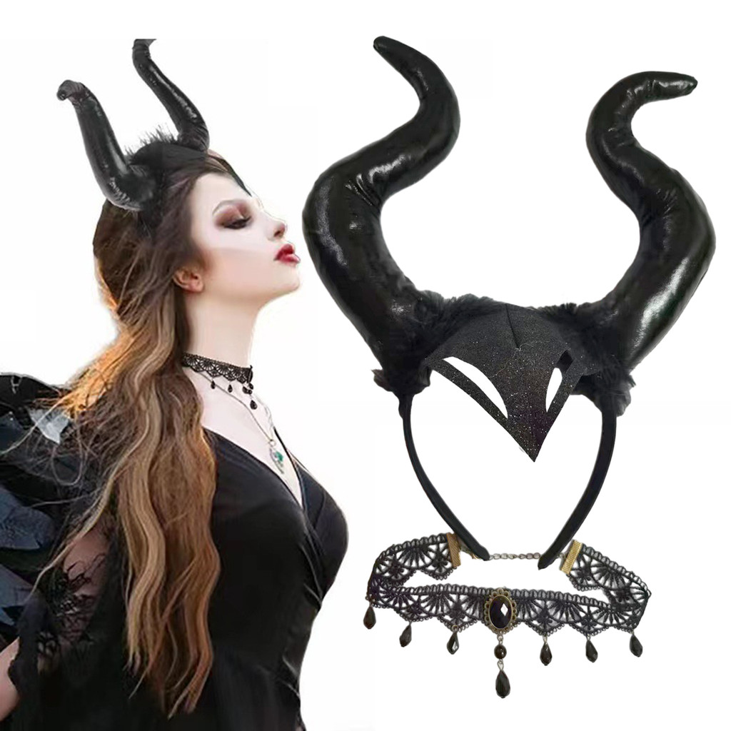 洛陽牡丹 萬聖節配飾惡魔之角頭飾惡魔女巫COS服裝道具黑色牛角項鏈兩件套
