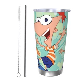 Phineas And Ferb 20oz 玻璃杯,不銹鋼真空保溫咖啡旅行杯,帶蓋保溫杯塗層汽車杯