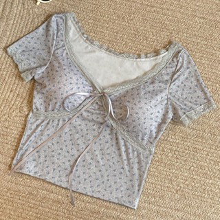 女士碎花時尚休閒蕾絲 V 領短款短袖上衣
