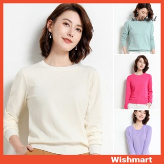[wishmart] 女士冬季上衣純色圓領長袖套頭毛衣寬鬆羅紋飾邊休閒針織上衣