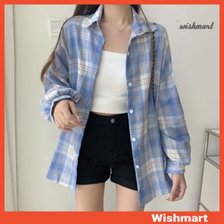 【wishmart】女式襯衫外套翻領長袖格子印花單排扣百搭休閒上衣中長百搭襯衫