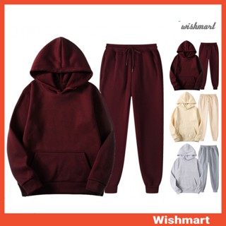 [wishmart] 2 件/套男女通用運動套裝連帽長袖寬鬆上衣帶口袋春秋運動服抽繩鬆緊腰及踝長褲休閒鍛煉衣服