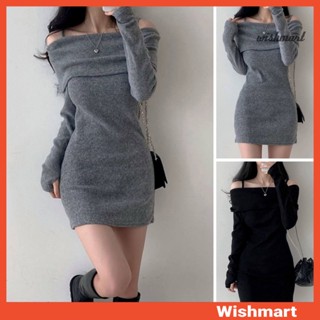[wishmart] 女士針織上衣露肩長袖純色修身套頭衫性感羅紋長襯衫