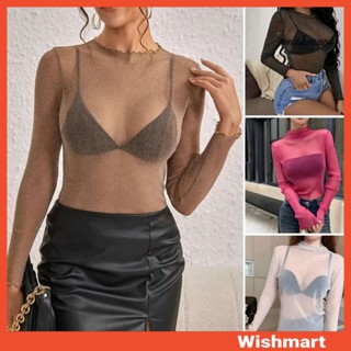 【wishmart】女上衣蕾絲服裝半高領長袖T恤純色透明網紗打底上衣