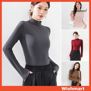 [wishmart] 女士打底上衣半高領長袖純色修身套頭衫上衣輕薄彈力休閒襯衫
