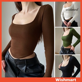 [wishmart] 女士露臍上衣方領長袖修身針織短 T 恤純色彈力套頭衫上衣俱樂部派對襯衫