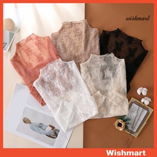 【wishmart】女士蕾絲襯衫半高領長袖透明刺繡蕾絲花朵圖案上衣性感打底上衣