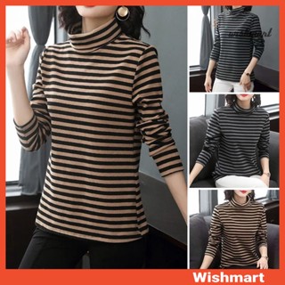 [wishmart] 女士打底上衣高領長袖加厚天鵝絨襯裡套頭衫上衣條紋印花 T 恤上衣