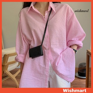【wishmart】女士休閒襯衫翻領長袖基本款通勤風格襯衫格子印花中長襯衫上衣寬鬆襯衫