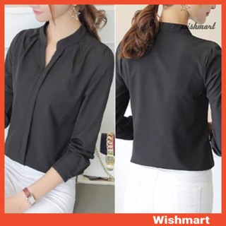 【wishmart】女式襯衫V領立領長袖襯衫上衣純色修身通勤襯衫工作服