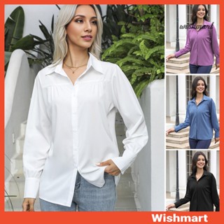 【wishmart】女式襯衫翻領泡泡長袖純色單排扣襯衫上衣寬鬆休閒上衣工作日常裝