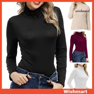 [wishmart] 女士打底上衣高領長袖修身套頭衫純色基本款高領襯衫日常穿著