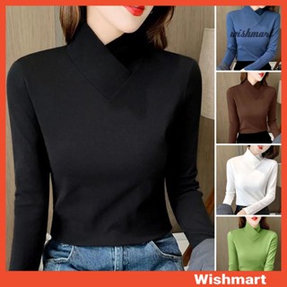 [wishmart] 女士打底上衣半高領長袖修身柔軟彈力套頭衫純色襯衫,獨特領口
