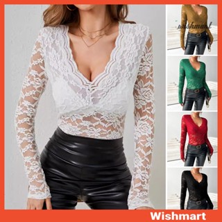 【wishmart】女上衣純色V領長袖襯衫透明刺繡蕾絲花朵圖案休閒襯衫
