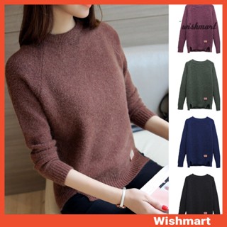 【wishmart】女士打底上衣圓領長袖開衩下擺針織上衣純色寬鬆秋冬毛衣