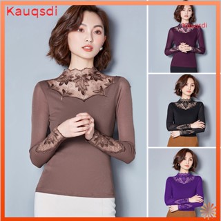 [Kauqsdi] 女士打底上衣半高領刺繡葉子圖案長袖上衣通勤風格襯衫