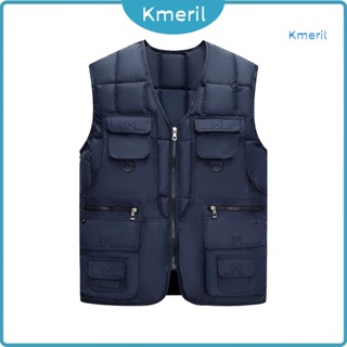 [kmeril] 男士背心 V 領無袖拉鍊門襟背心外套多口袋純色防風保暖羽絨背心夾克