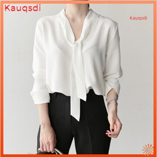 [Kauqsdi] 女士夏季襯衫 V 領繫帶領長袖套頭衫上衣純色寬鬆辦公室女士上衣工作服