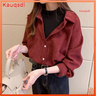 [Kauqsdi] 女士燈芯絨襯衫翻領長袖單排扣襯衫上衣下裝上衣層穿通勤風格襯衫