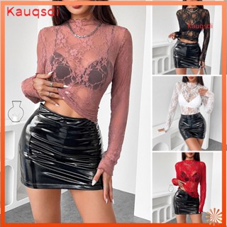 【Kauqsdi】女上衣半高領長袖刺繡蕾絲花朵圖案上衣透視效果打底上衣