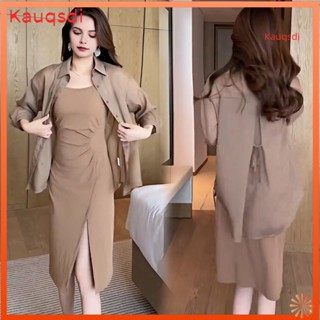 【Kauqsdi】女士夏季防曬襯衫翻領長袖後背繫帶雪紡上衣純色單排扣寬鬆薄款夾克上衣
