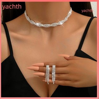 【yachth】項鍊耳環套裝扭曲閃亮水鑽裝飾掛耳環浪漫奢華不銹鋼新娘婚禮首飾套裝舞會派對吊墜耳環項鍊套裝