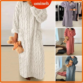 [omineh] 女士冬季睡衣加厚珊瑚絨帶口袋圓領家居服長袍寬鬆長袖保暖全長睡衣
