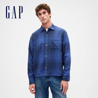 【Gap】寬鬆法蘭絨襯衫-深藍格紋(873122)