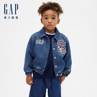Gap 男幼童裝 Gap x Snoopy史努比聯名 Logo刺繡翻領長袖牛仔外套-深色水洗(845165)