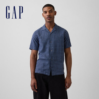 【Gap】標準版型亞麻混紡度假襯衫-藍格紋(869532)