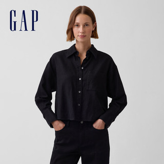 【Gap】亞麻棉混紡寬版襯衫-黑色(880834)