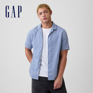 【Gap】皺感棉質標準版型度假襯衫-幻影藍(898187)