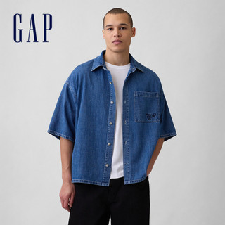 【Gap】牛仔寬版直下擺襯衫-中等靛藍(893804)