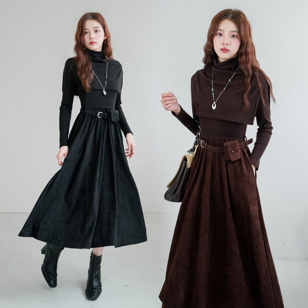 MIUSTAR 附腰包！二件式圓領坑條拼接麂皮連身裙(共2色)1111 預購【NR2271】